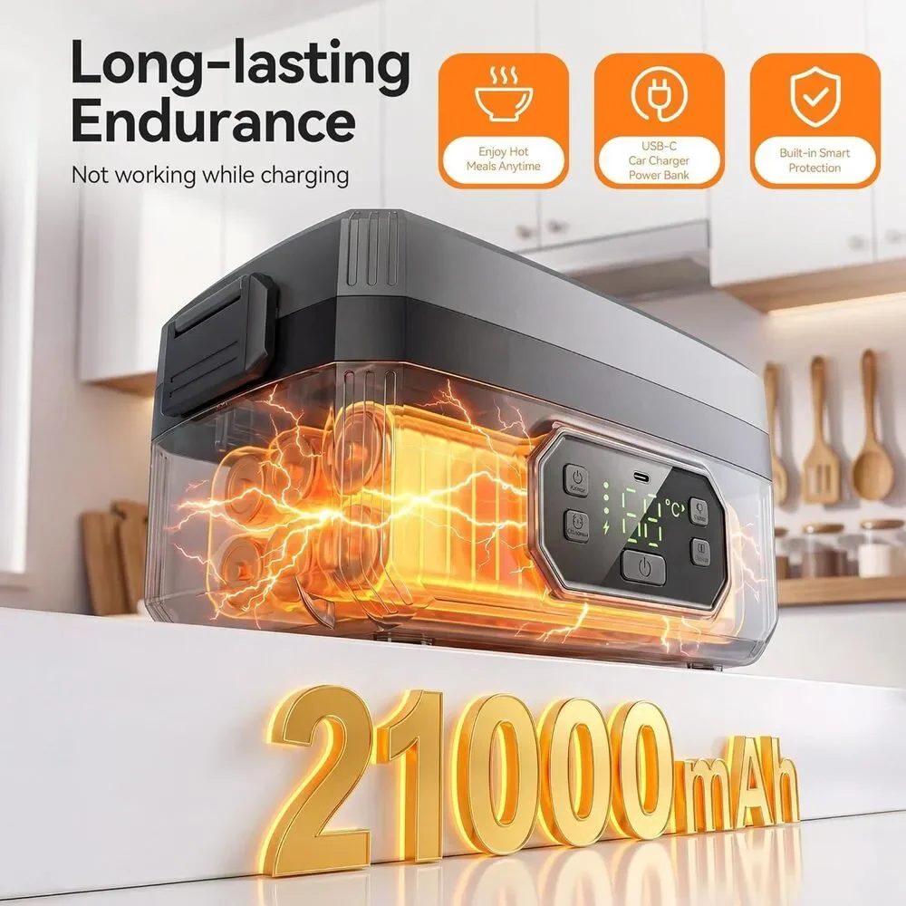 Cordless Electric Lunch Box for Adults, 1.2L 24000mAh Rechargeable Heated Lunch